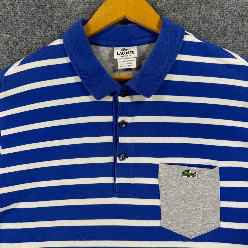 Lacoste Regular Fit Polo Shirt Men's Size 8 Blue Striped Pocket Short Sleeve